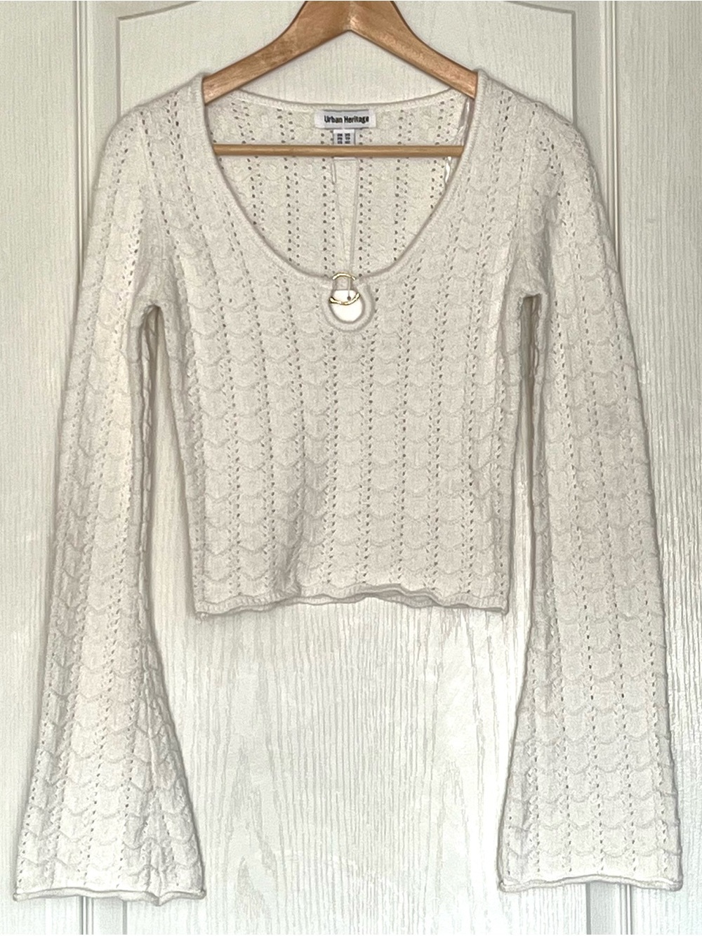 Urban Heritage White Crochet Knit Bell Sleeve Crop Top O-Ring Accent NWT XS